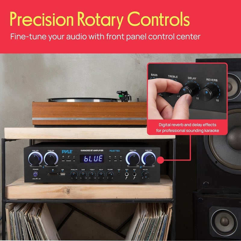Pyle Bluetooth Home Stereo Amplifier Receiver - 4 Channel, 800 Watt Karaoke Sound System w/ MP3,USB,SD,AUX,RCA,FM,MIC, Headphone, Reverb + Delay, LED Vol, for Home, Studio, Theater Speakers - PDA77BU - Image 4